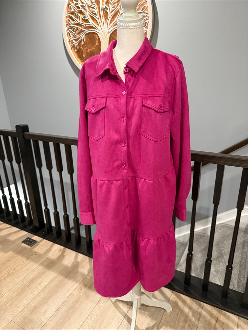 Womens Fuchsia Button-Front Tiered Shirt Jacket